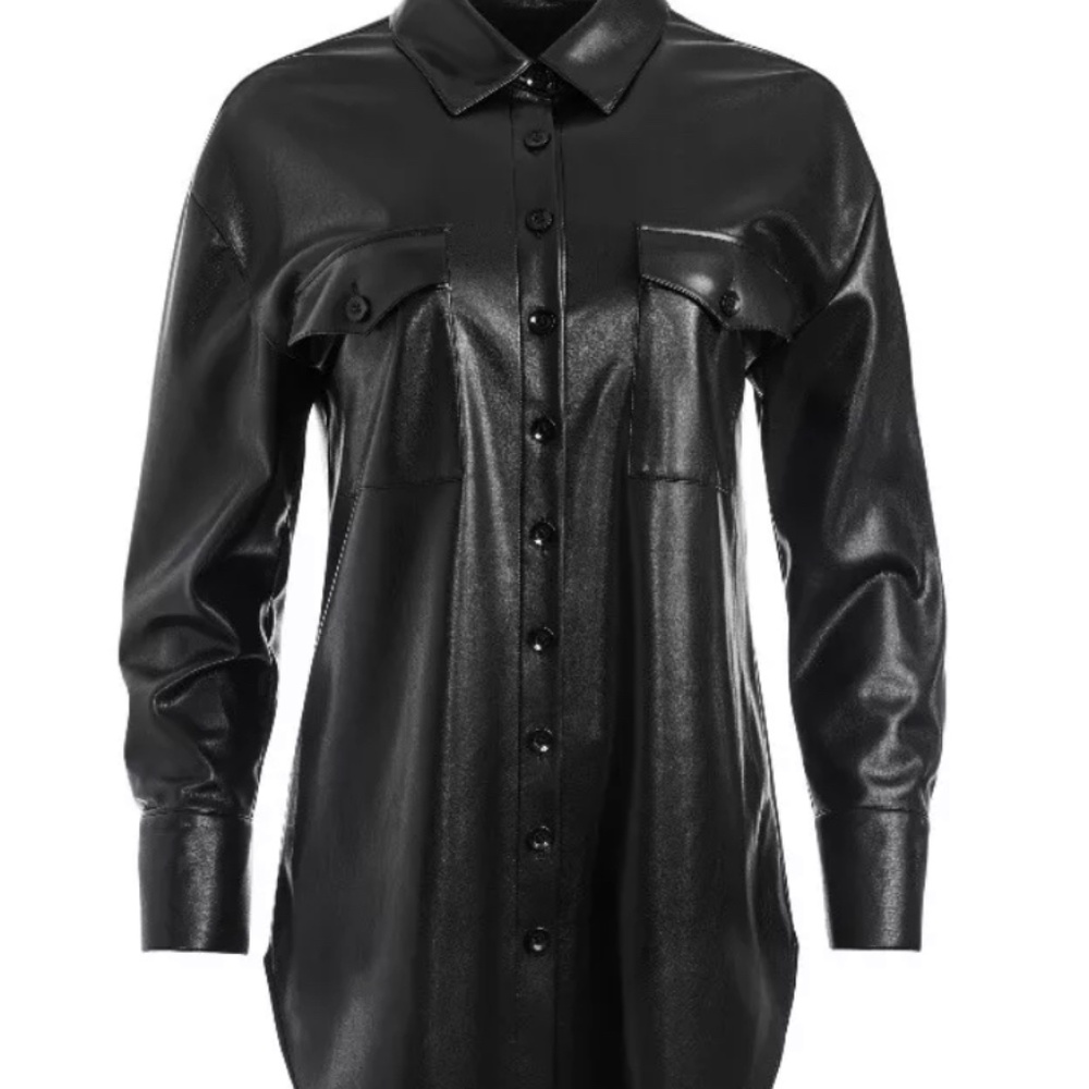 Dimitra Vegan Leather Oversized Button Down in Black $396 small